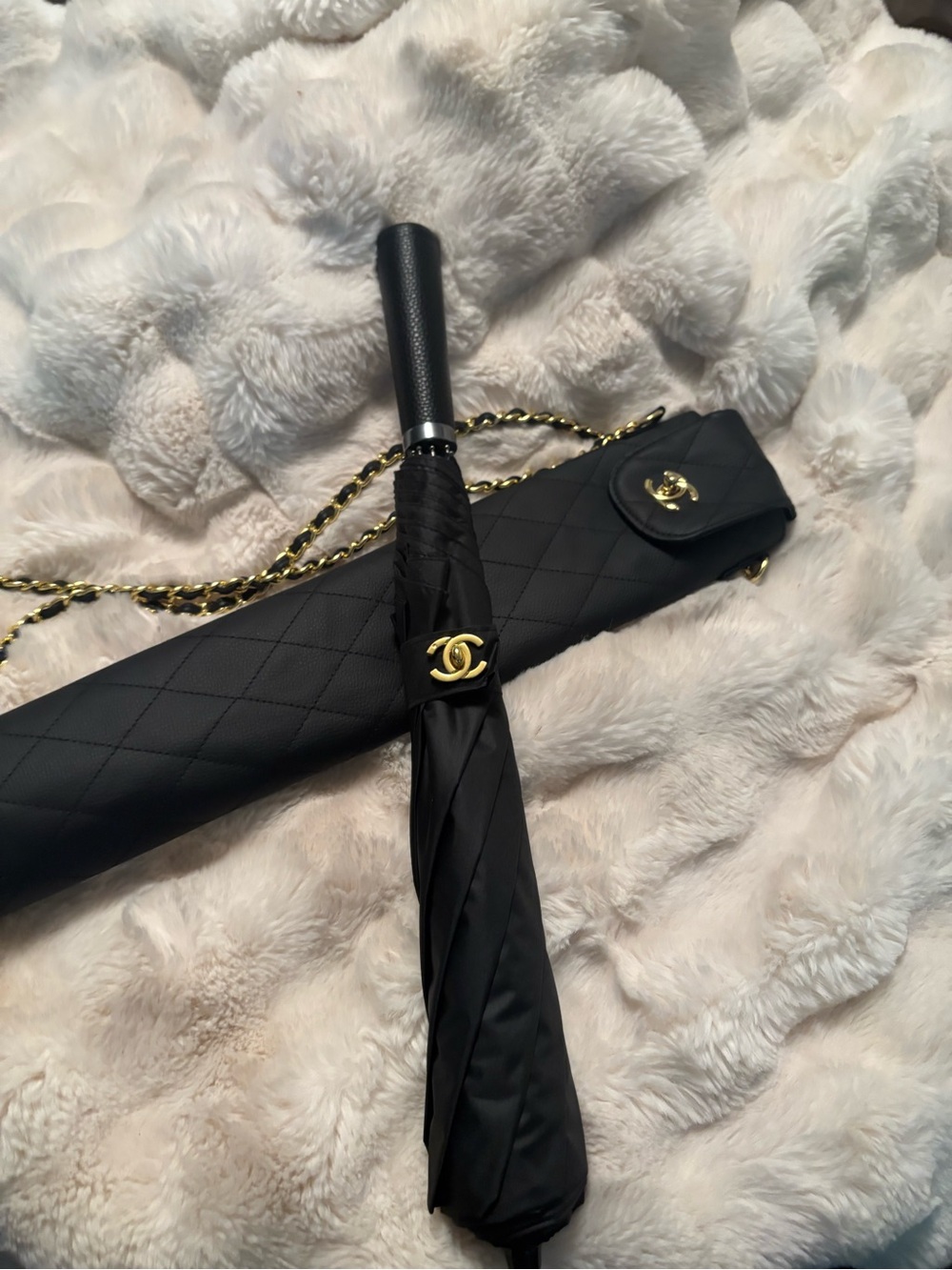 Designer style Black Quilted Umbrella with Gold Chain Accent